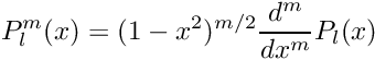 \[ P_l^m(x) = (1 - x^2)^{m/2}\frac{d^m}{dx^m}P_l(x) \]